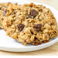 Chocolate Peanut Butter Banana Breakfast Cookies on a plate with a stack of cookies in the background