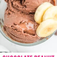 chocolate peanut butter banana ice cream in a bowl with banana slices with recipe name at the bottom