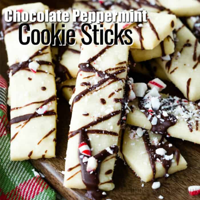 square image of chocolate peppermint cookie sticks with text