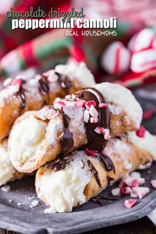 Peppermint whipped ricotta cream filling, a pie crust tube, and delicious chocolate drizzled on top make these easy Chocolate Drizzled Peppermint Cannoli the perfect holiday treat!
