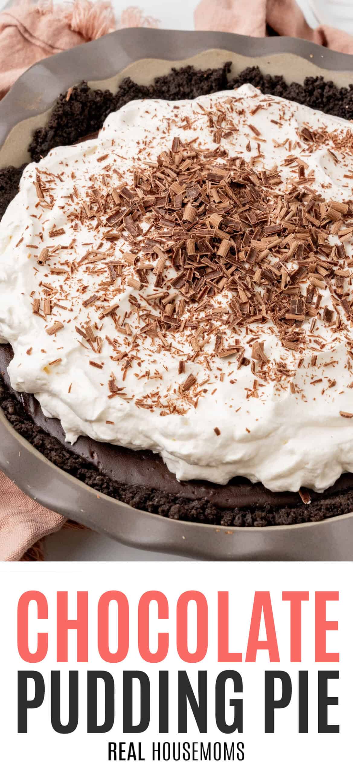 angled view of a whole chocolate pudding pie in the pie plate with recipe name at the bottom