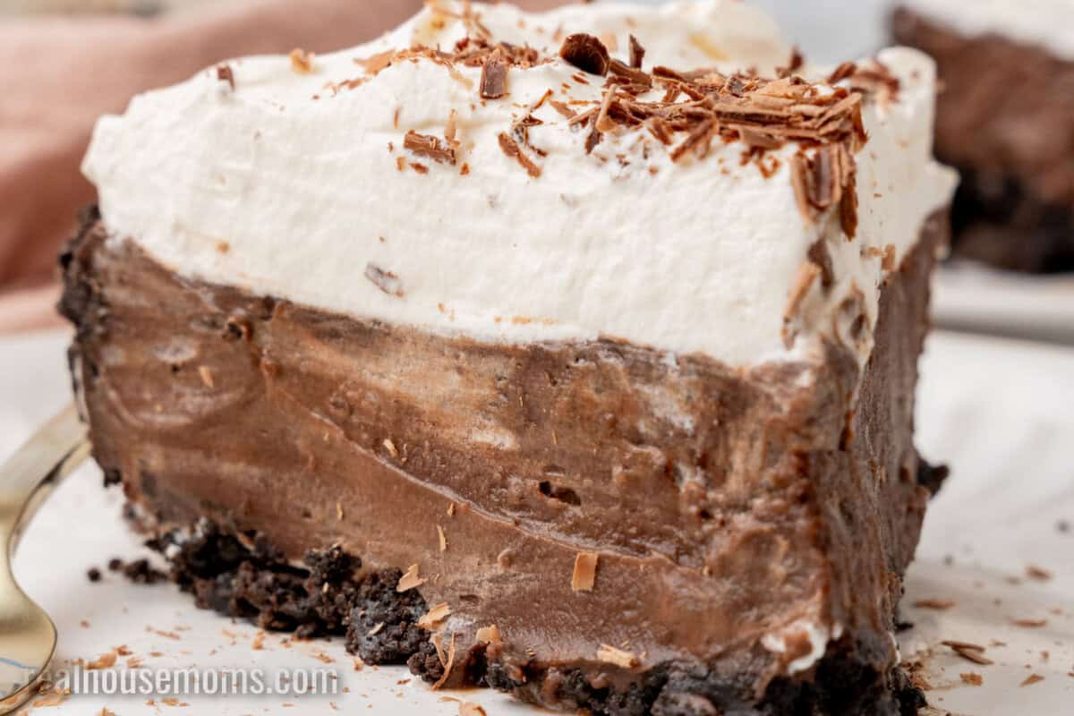 slice of chocolate pudding pie on a white plate