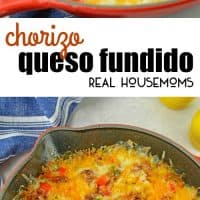 Chorizo Queso Fundido is super cheesy appetizer idea that is ready in just 15 minutes! Cheese, veggies, chorizo and chips, how can you go wrong?