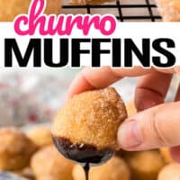 top picture of a couple of churro muffins on an oven rack , bottom churro muffin being dipped in chocolate