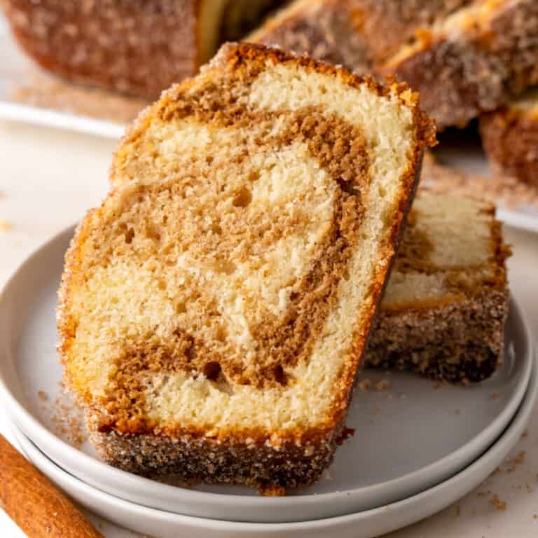 square image of cinnamon donut bread slices on a plate
