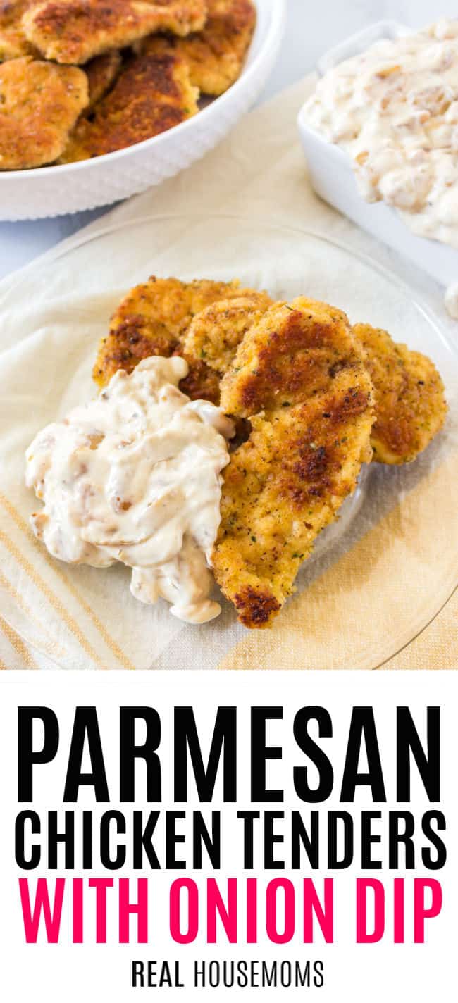 parmecan chicken tenders served on a plate with onion dip for dipping