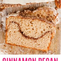 looking down at cinnamon pecan coffee cake loaf with a slice cut from the end with recipe name at the bottom