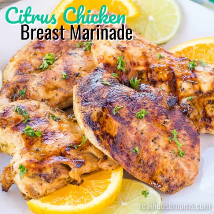 square image of citrus chicken breast marinade with text