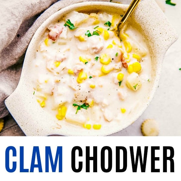 square image of clam chowder with text