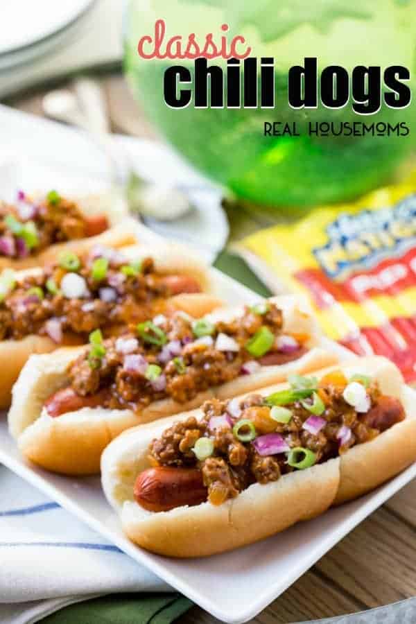 Nothing says game day food like Classic Chili Dogs! This chili has a tangy taste that goes perfectly with hot dogs! This easy game day recipe will make your friends happy!