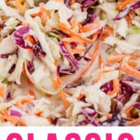 classic coleslaw in a bowl with a serving spoon with recipe name at the bottom