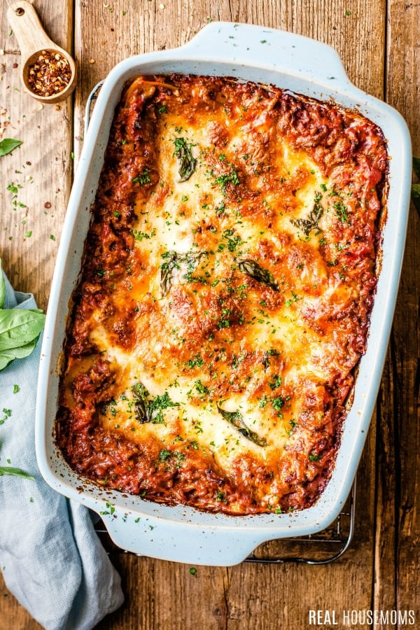 pan of classic easy beef lasagna after baking