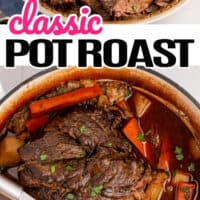 top picture of classic pot roast on a serving platter with chopped parsley, carrots, and potatoes, bottom is a spoon mixing classic pot roast in a pot with the title of the post in the middle with pink and black lettering