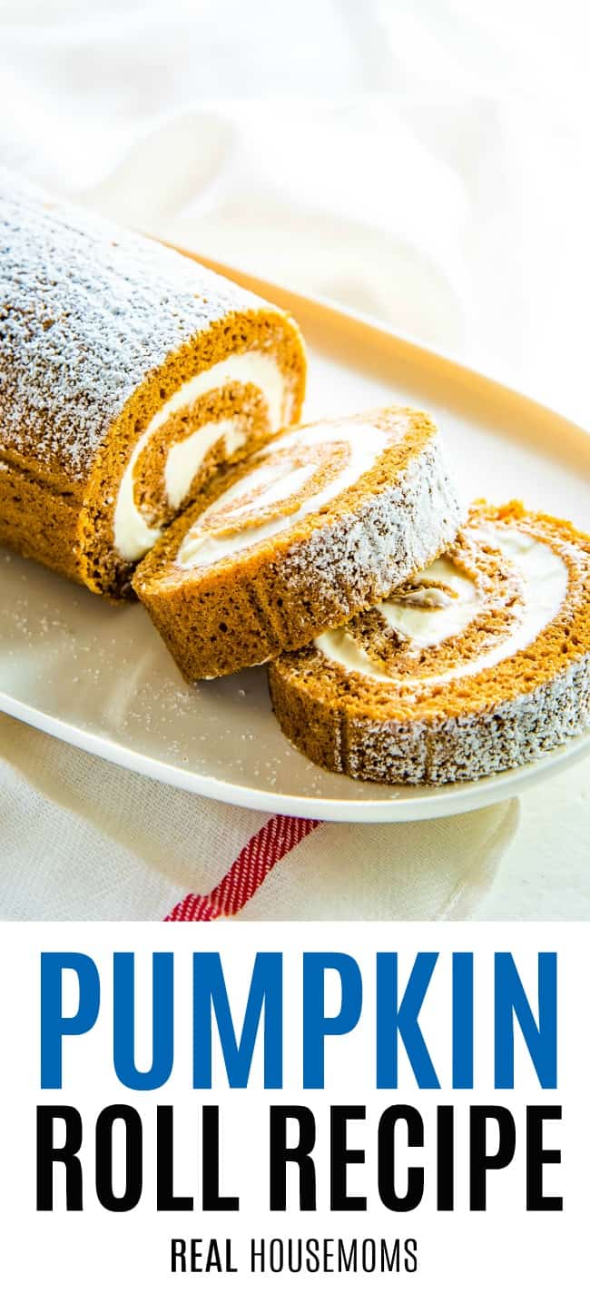 pumpkin roll on a serving plate with slices ready to serve