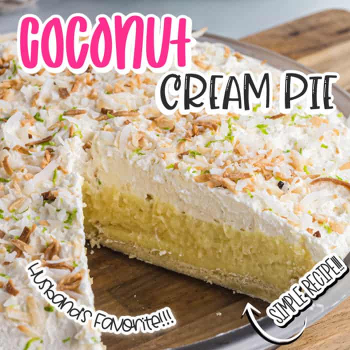square image, close up of coconut cream pie with a piece removed so you can see the creamy part 