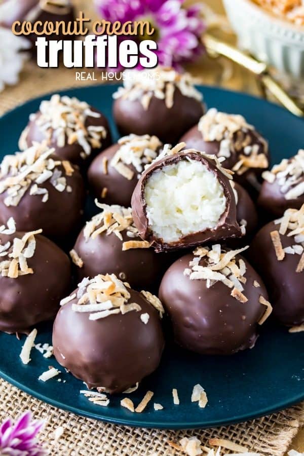 Sweet Coconut Cream Truffles made with just a few ingredients, cloaked in a dark chocolate shell, and topped off with toasted coconut!