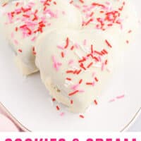 heart cookies & cream marshmallow treats with recipe name at the bottom