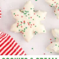 snowflake cookies & cream marshmallow treats with recipe name at the bottom