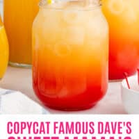 copycat famous dave's sweet mama's punch in a mash jar with recipe name at the bottom