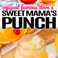 top picture copycat famous dave's sweet mama's punch in a mason jar with orange rice in the back , bottom picture is a single glass of copycat famous dave's sweet mama's punch in a mason jar
