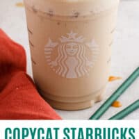 copycat starbucks caramel frappuccino in a starbucks cup with recipe name at the bottom