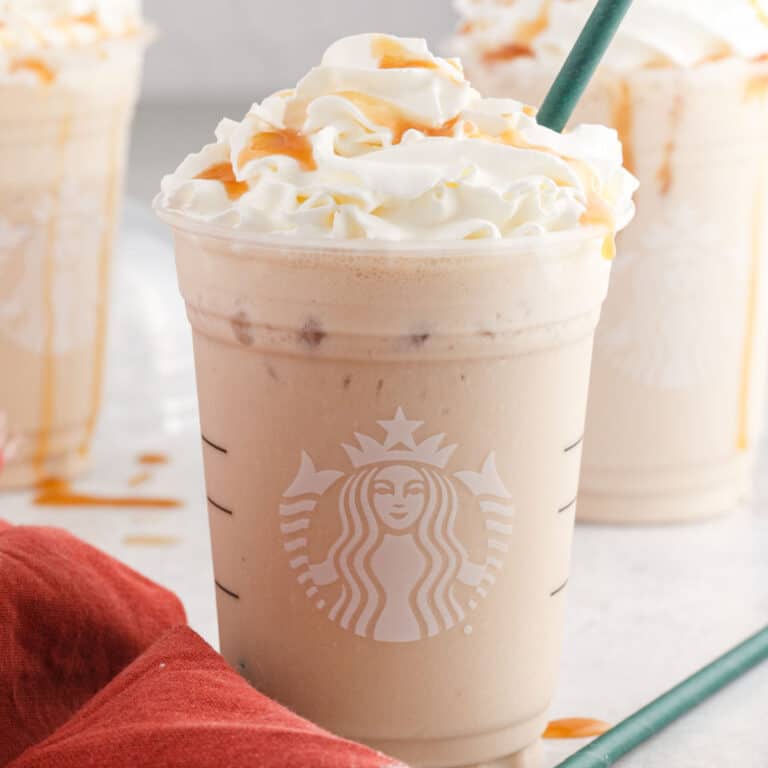square image of a copycat starbucks caramel frappuccino with a green straw
