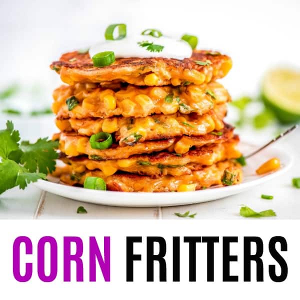 square image of corn fritters with text