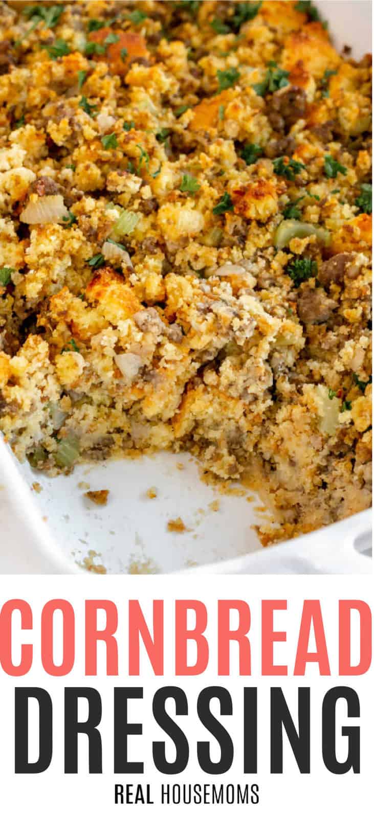 Hero Collage pic of Cornbread Dressing in a white serving dish with a piece of cornbread missing