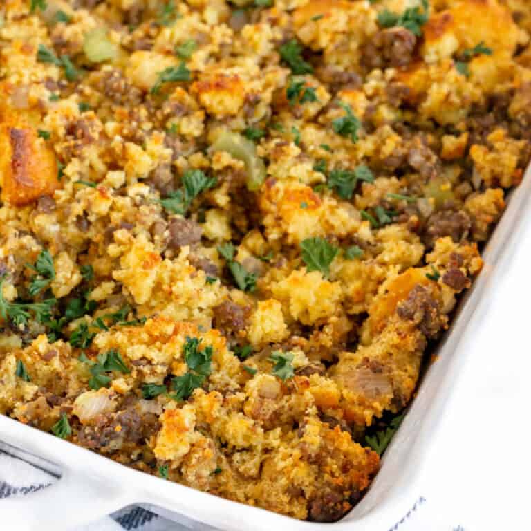 Pic of Cornbread Dressing on a white serving platter