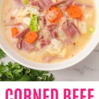 bowl of corned beef and cabbage chowder with recipe name at the bottom