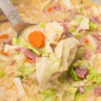 one image of corned beef and cabbage chowder in a large pot with a ladle with the title of the post on the top of the picture in pink and black lettering