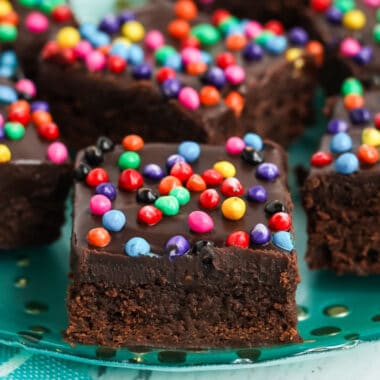 square close up image of copycat cosmic brownies on a plate