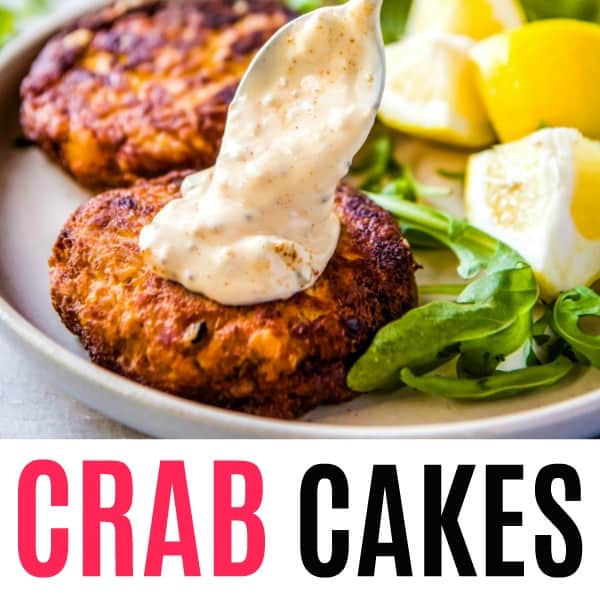 square image of crab cakes with text
