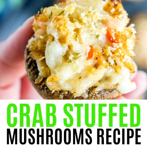 square image of crab stuffed mushrooms with text