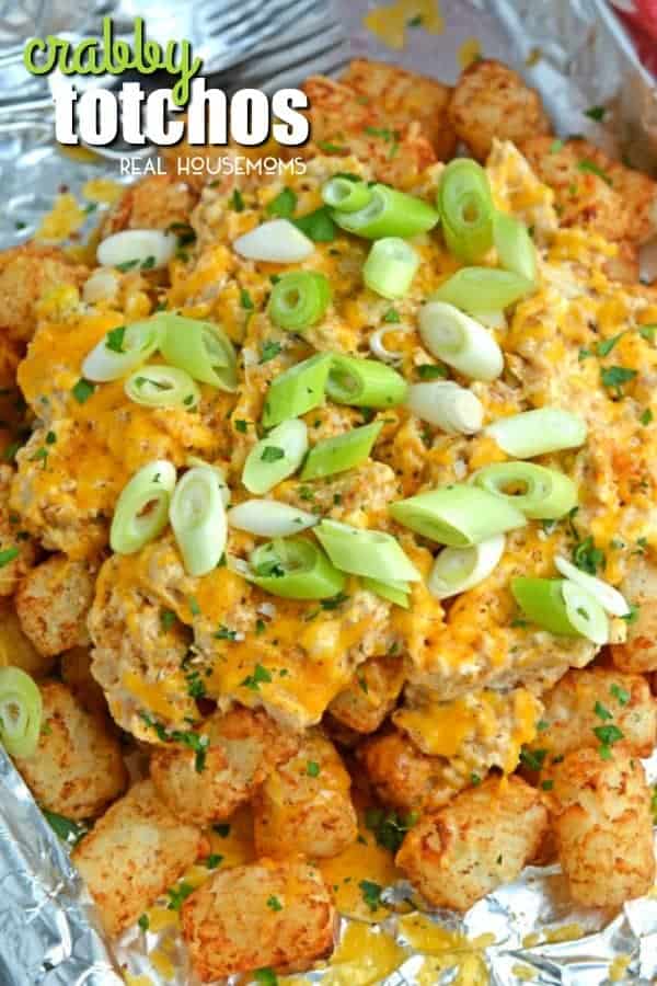 Crabby Totchos are crispy tater tots smothered with a creamy, Maryland style crab dip, cheddar cheese, scallions and Maldon Sea Salt. Perfect for a quick meal or entertaining!