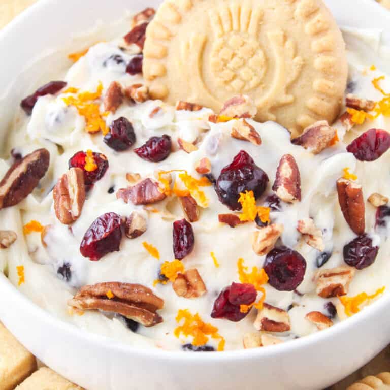 square close up image of cranberry orange dessert dip with a shortbread cookie stuck into the dip