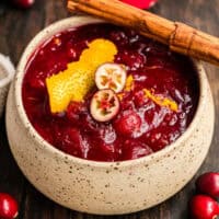 square image of cranberry sauce with orange and cinnamon a serving bowl