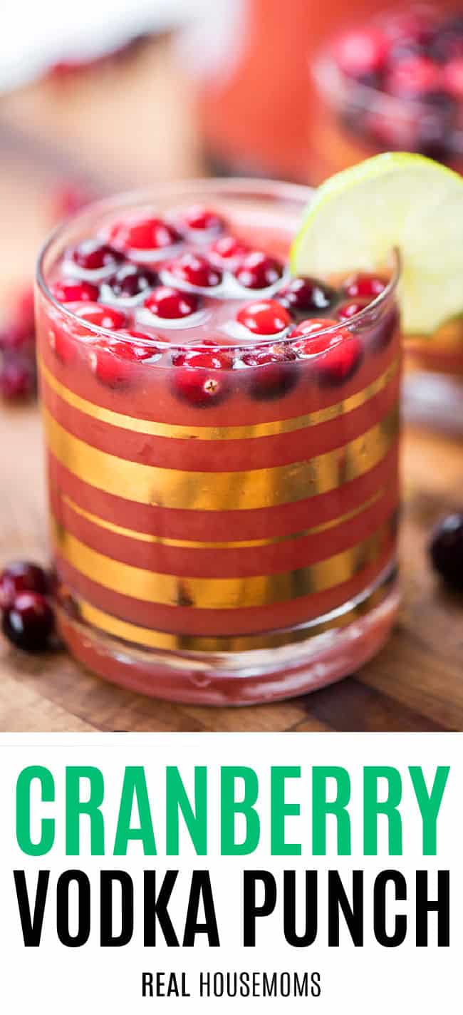 cranberry vodka punch in a gold striped glass with cranberries floating on top
