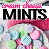 top pic is of a close up of cream cheese mints, green, blue and pink, bottom is a full bowl of cream cheese mints