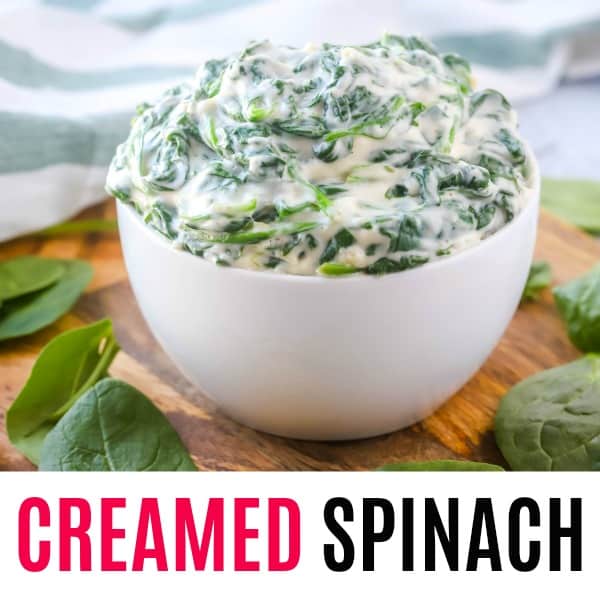 square image of creamed spinach with text