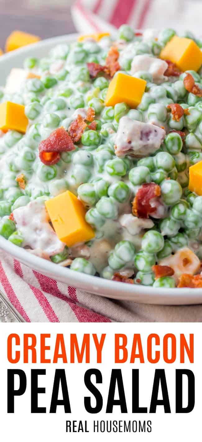 creamy bacon pea salad in a bowl topped with bacon and cheese