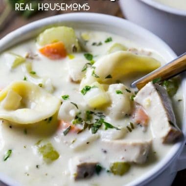 Creamy Chicken Tortellini Soup is absolutely delicious and perfect for cold weather! It's packed with hearty veggies, rotisserie chicken, and cheesy tortellini that will have you savoring every last bite.