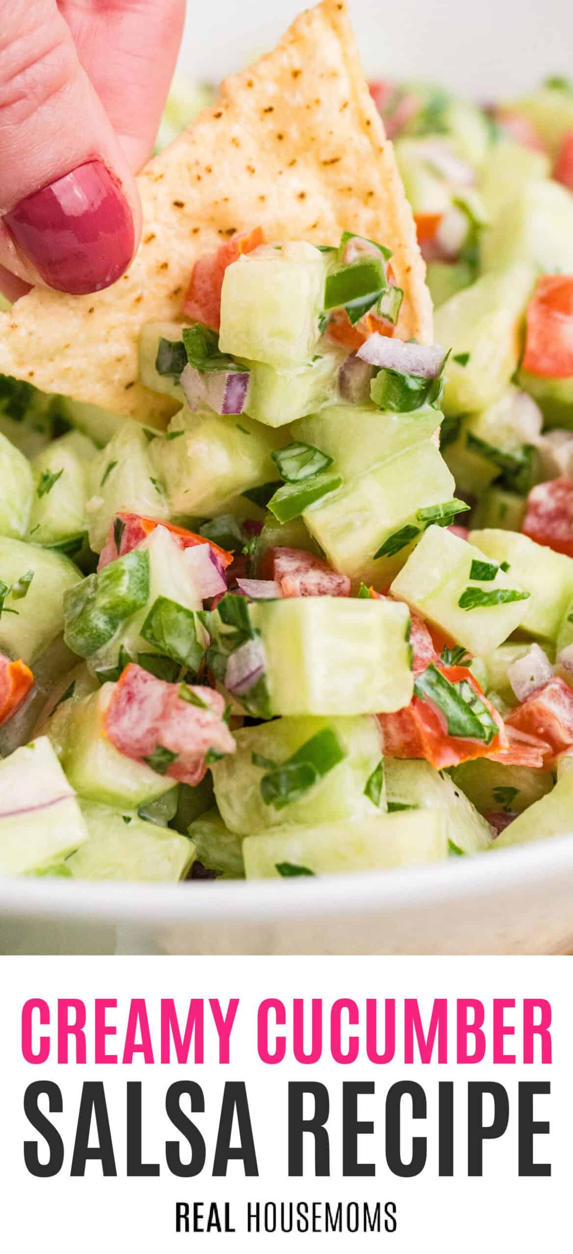 tortilla chip being dipped into creamy cucumber salsa with recipe name at the bottom