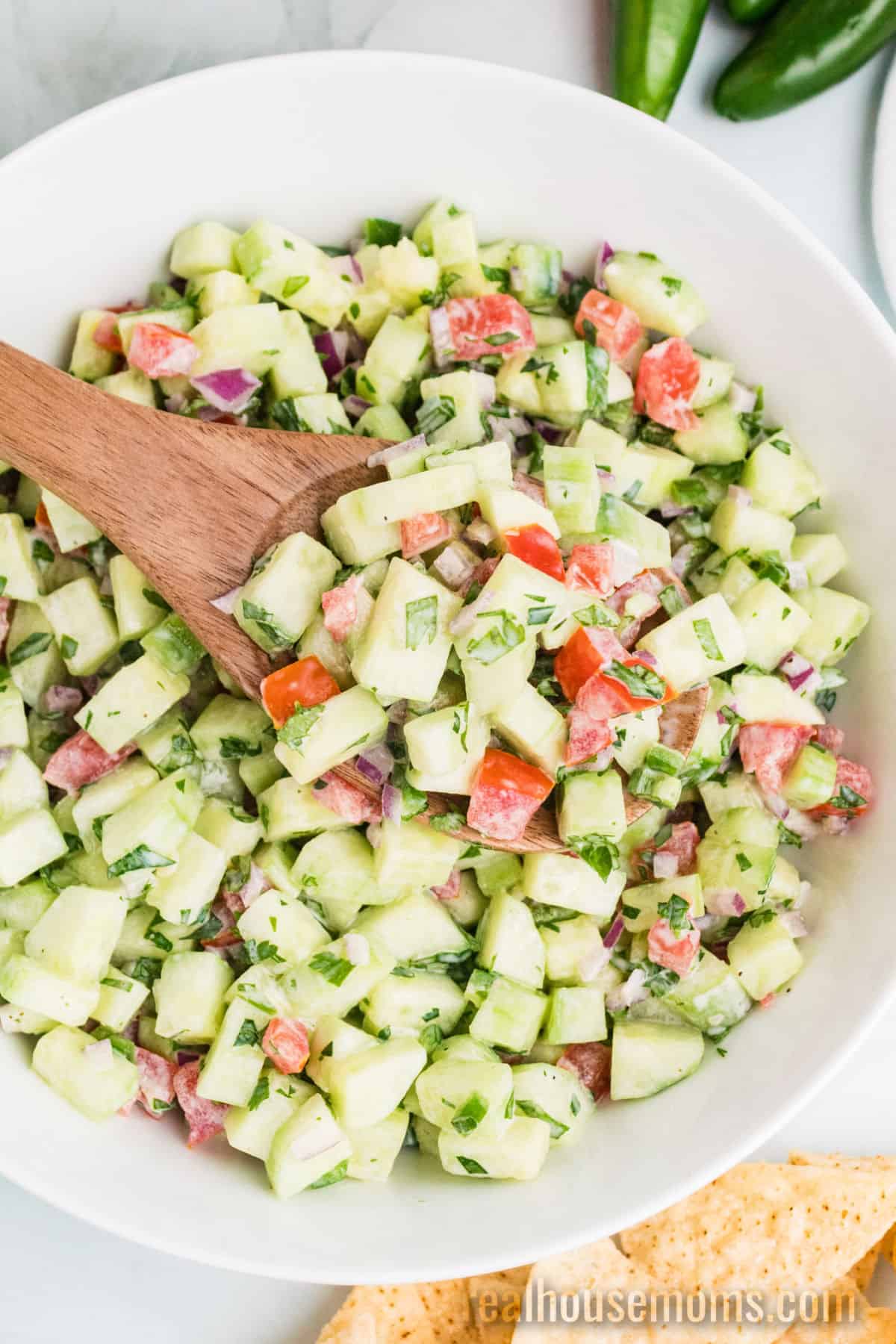creamy cucumber salsa in a serving bowl with a wooden spoon