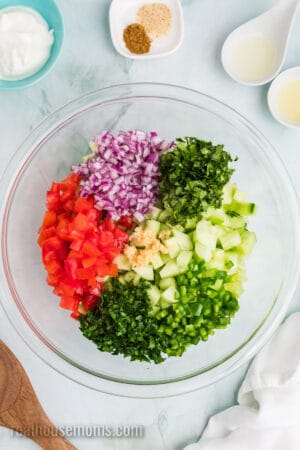 chopped red onion, cilantro, tomato, jalapeno, parsley, garlic, and cucumber in a glass mixing bowl
