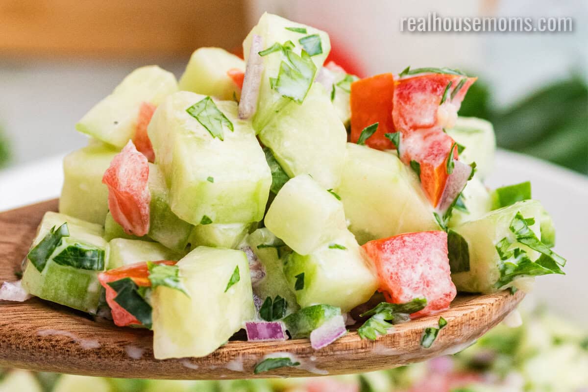 close up of creamy cucumber salsa on a wooden spoon over the bowl