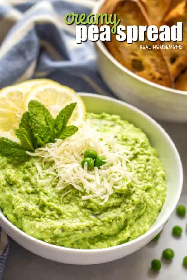 Creamy Pea Spread is a quick and easy recipe that makes for a delicious, healthy appetizer that's delicious served with baguette slices and radishes!