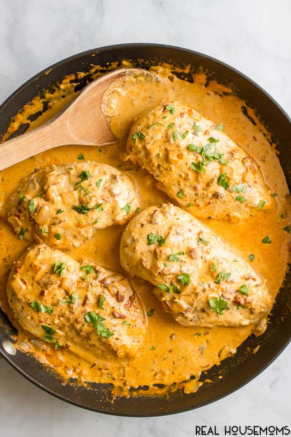 Finished Creamy Chipotle Chicken in a skillet with sauce