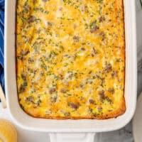 looking down at a crescent roll breakfast casserole with recipe name at the bottom