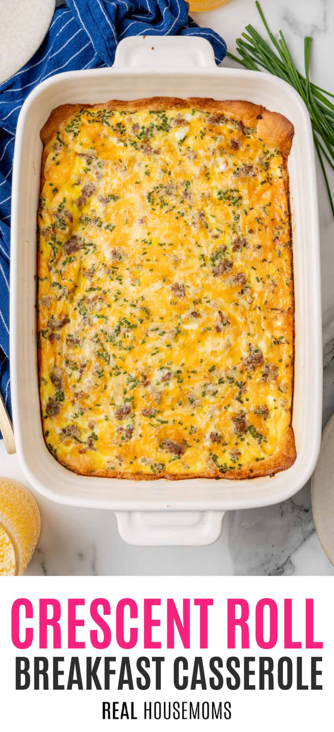 looking down at a crescent roll breakfast casserole with recipe name at the bottom